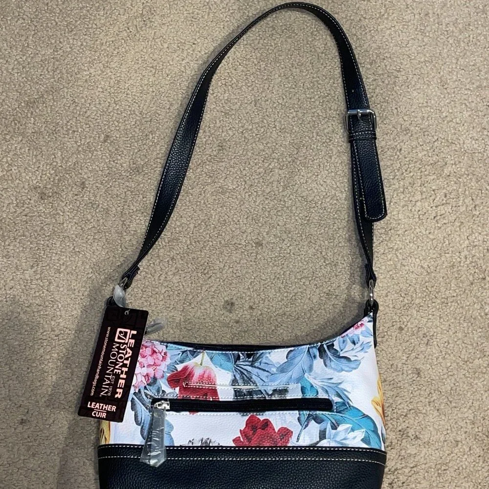 NWT $169 Leather STONE MOUNTAIN Pebbled Floral Hobo Purse